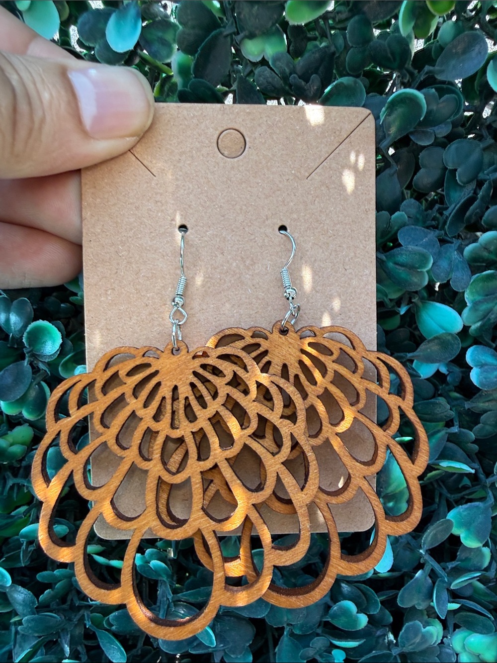 Hand Crafted Warm Brown Laser-Cut Floral Layered Drop Earrings